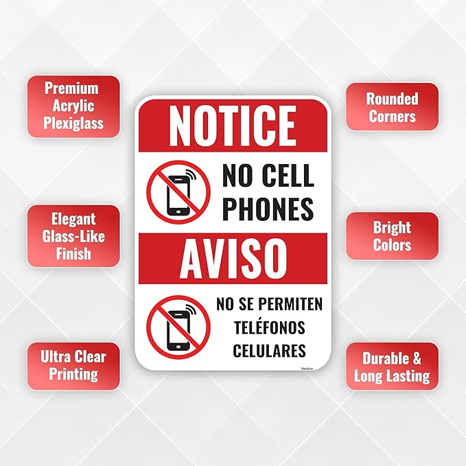 1PC No Cell Phone Use Sign, 7 x 5 Inches - Acrylic - No Phone Zone Poster Sticker For Classroom Wedding Business - Bilingual