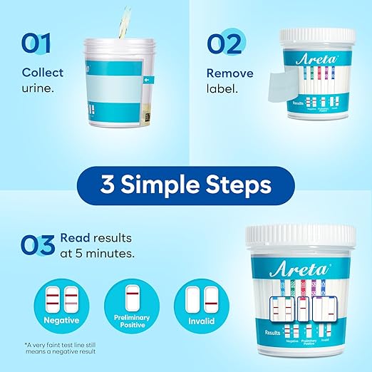 Areta Multi-Drug Test Cup: (12 Pack) at Home Drug Test Kit, Testing 5 Drugs Amphetamine (AMP), Oxazepam (BZO), Cocaine (COC), Morphine (OPI 2000), Cannabinoids (THC 50) -#ACDOA-754-12