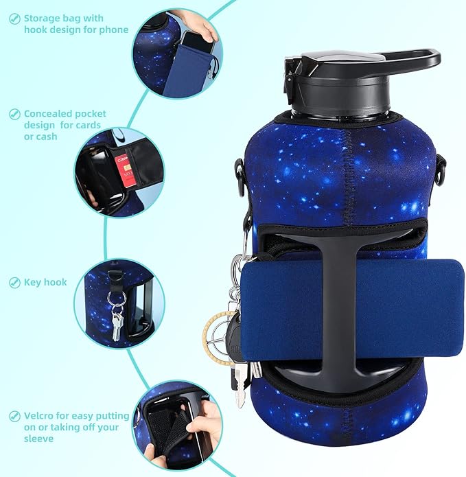 YOUCAN PLATO 74 oz Half Gallon Water Bottle with Sleeve-Large Water Bottle -Big Water Bottle-Gym Water Bottle with Straw- Gallon Water Jug with Handle -BPA Free- Leakproof, Workout bottle,Star Blue