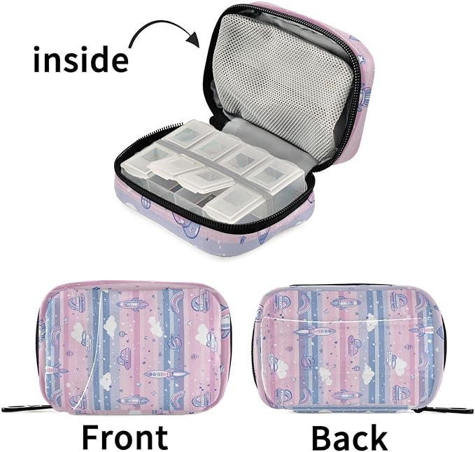 Pink Rockets Satellites Stars Clouds Travel Pill Organizer Case Box Container Weekly Portable Vitamin Medicine Holder Storage Bag with Zipper Removable