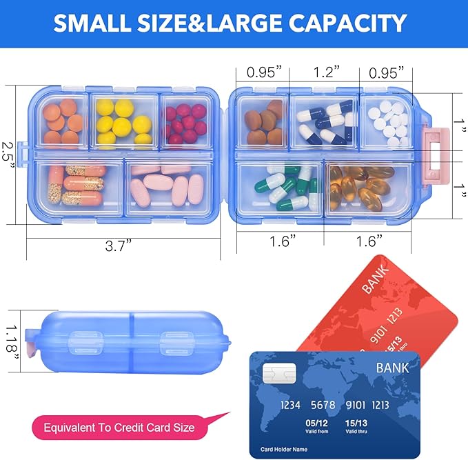 Travel Pill Organizer with Medicine Labels, 10 Compartments Travel Pill Box Medicine Organizer Purse Pill Case Daily Pill Container (Blue, 189 Lables)