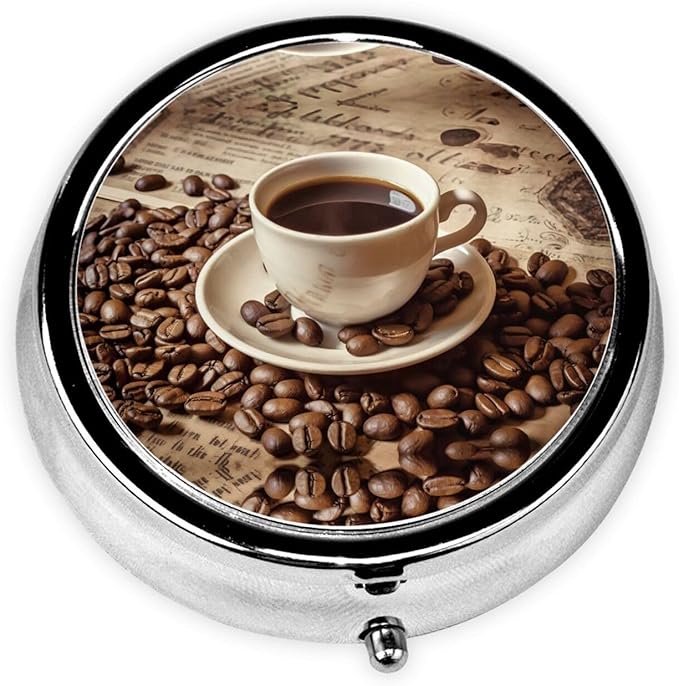 Retro Coffee Mug Beans Pill Box 3 Compartment Pill Case, Portable Medicine Pill Organizer for Pocket Purse Pill Box Decorative Metal Medicine Vitamin Organizer