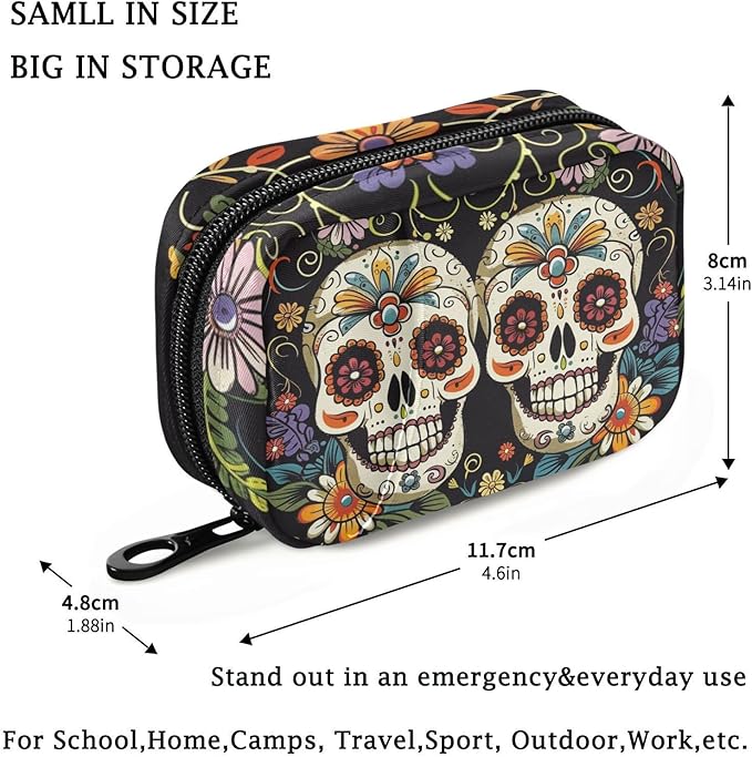 Fustylead Cute Day of The Dead Skulls and Flowers Travel Pill Organizer Bag with Zipper Small Pill Box 7 Day Pill Case for Purse Storage Weekly Vitamin Medicine Supplement