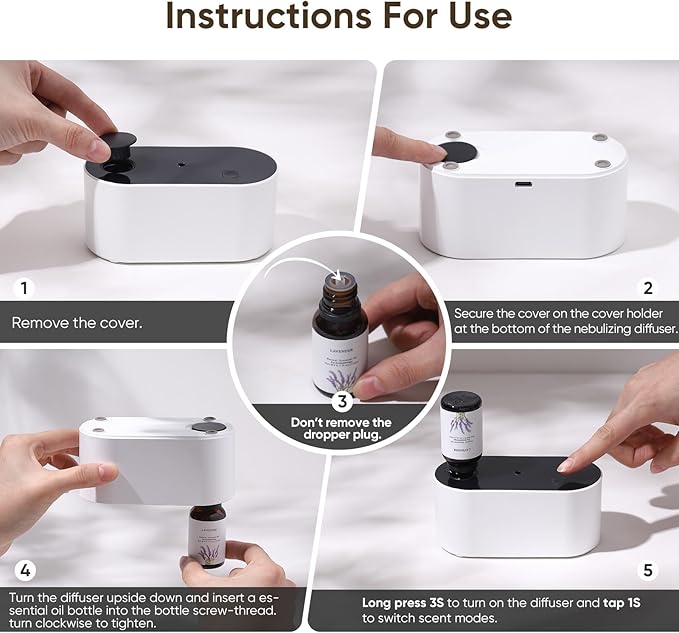Waterless Diffuser for Essential Oil, Battery Operated Scent Air Aromatherapy Diffuser, Mini Aroma Diffusers with 3 Intermittent Mist Modes, Cycle Start for 400-700 sq.ft Home Office Bedroom.