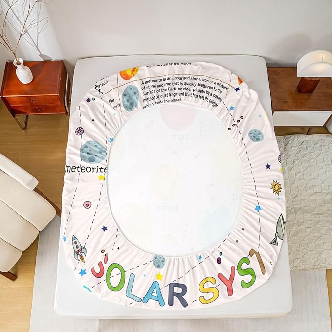 Solar System Fitted Sheet Twin, Outer Space Bedding Set Educational Bed Sheet Set for Kids Planet Solar System Bed Cover Lightweight