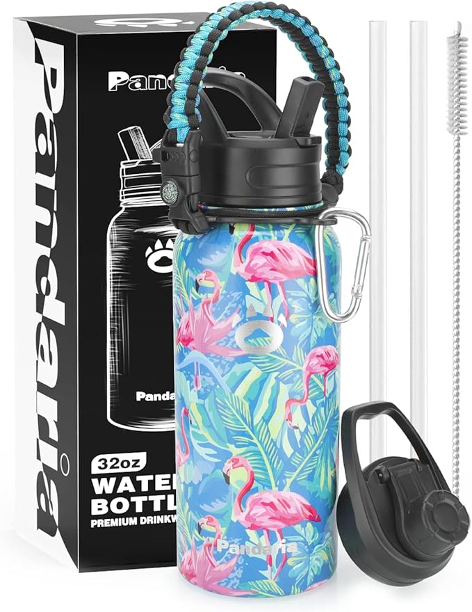 Insulated Water Bottle 32oz, Stainless Steel Water Bottle with Straw & Spout Lids & Paracord Handle | with Straw, Spout Lids, Paracord Handle