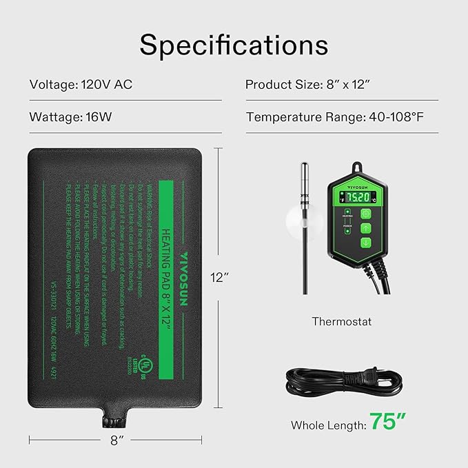 VIVOSUN Reptile Heating Pad 8x12 Inch with Thermostat Combo Under Tank Terrarium Heating Mat for Turtles, Lizards, Frogs, and Other Reptiles (Pack of 2)