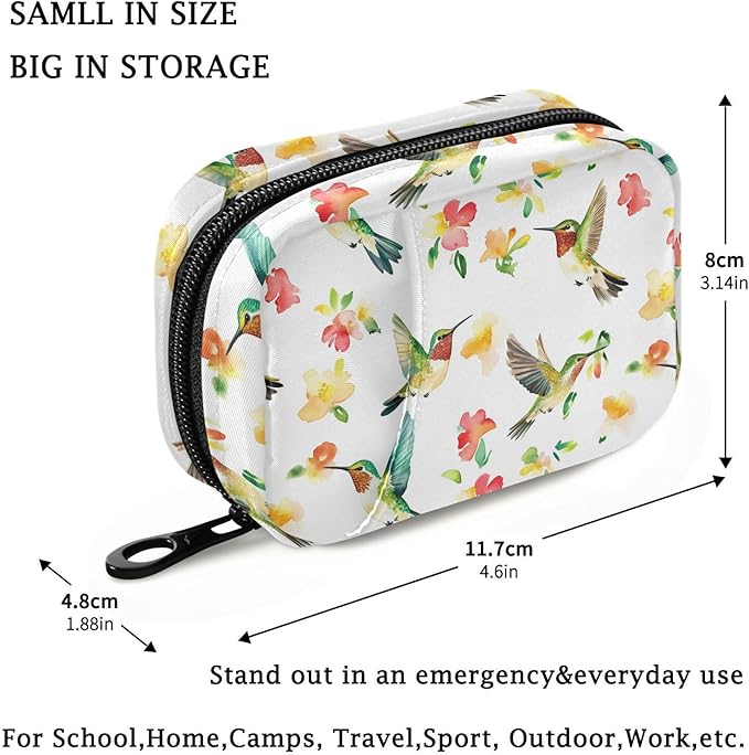 Fustylead Beautiful Hummingbirds and Flower Pill Organizer for Purse, Weekly Portable Pill Box with Zipper to Storage Vitamins Fish Oils Medications Supplements