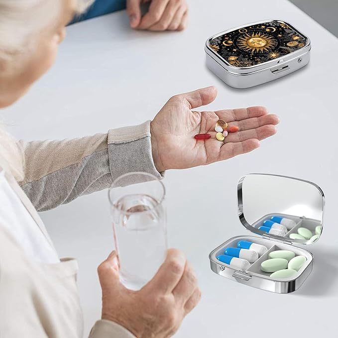 Pill Box-2 Compartment Small Flower Pill Case Square Organizer Case with Mirror Portable Metal Medicine Box Travel Container for Pocket & Purse Women Men(Sun and Moon)