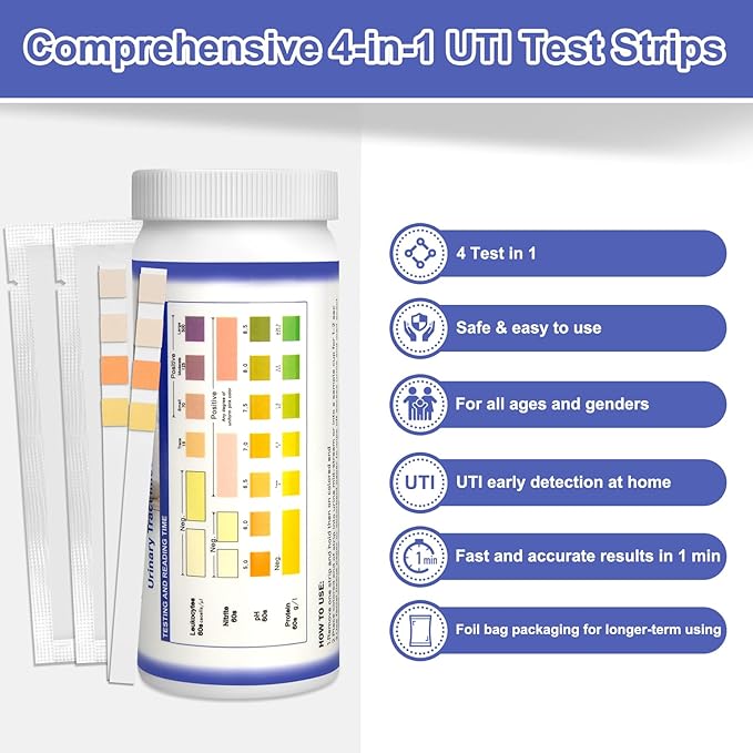 4-in-1 UTI Test Strips, Full Panel Urinary Tract Infection Test Kit at Home for Women Men Kids with Urinalysis Leukocytes, Nitrites, PH, Protein Urine Strip for UTI and Bladder, 50ct
