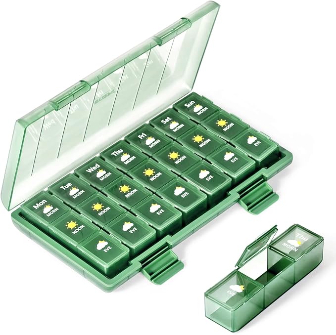 Pill Organizer 3 Times a Day, Daily Pill Box with Morning Noon Night Compartments, Portable Medicine Organizer for Travel, Work & Home (Green)