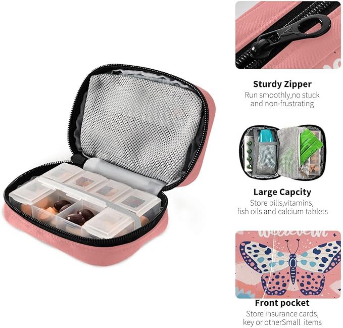 Pink Butterfly Daily Vitamin Medicine Organizer Travel Pill Organizer Daily Medicine Container Twill Pill Case Bag