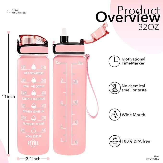 32 oz Water Bottles with Straw & Strap, Motivational Water Bottles with Times to Drink, BPA Free Reusable Sports Water Bottle with Sleeve Carrier for Hiking, Travel, Running or Fitness