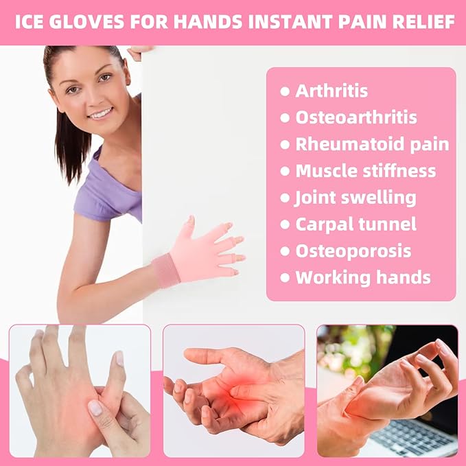 2pcs Finger Arthritis Compression Hand Ice Pack Gloves for Pain Relief, Adjustable Pink Wrist Ice Pack for Hot & Cold Therapies, Reusable Finger Ice Gloves Sleeve for Tendinitis, Carpal Tunnel