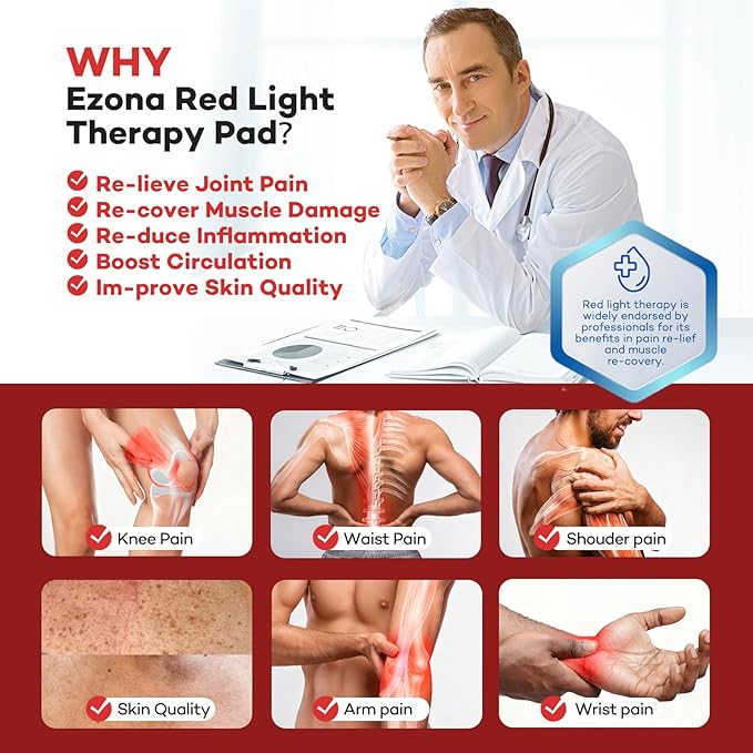 Ezona Red Light Therapy Pad for Body Pain, 24 x 12 inch Large Infrared Light Therapy with 660/ 850nm for Back Relief, High-Output 242 LEDs Light with Remote Control for Shoulder Waist Knee Muscle