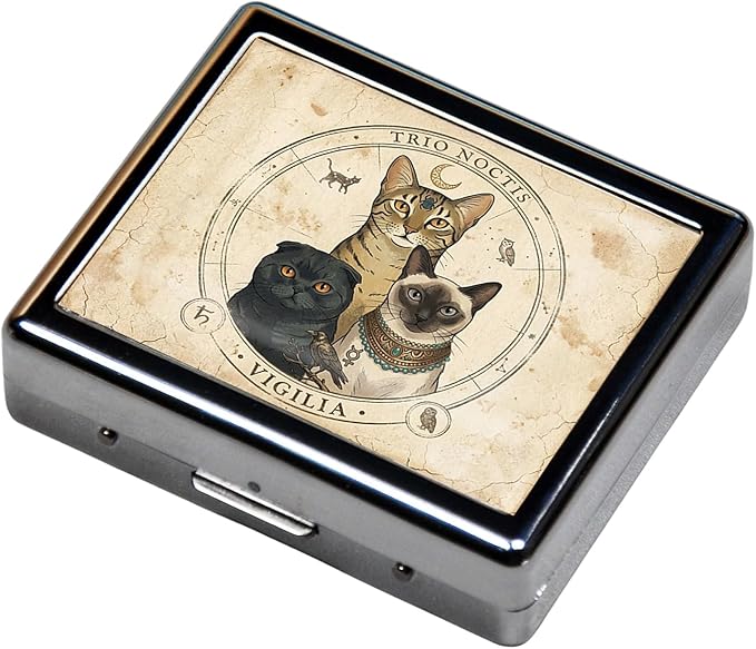 7 Days Chromed Shiny Silver Pill Organizer with Mirror Inside Has 8 Separate Compartments Rectangle,Versatile Storage for Medication - Ideal Travel Accessory (Three Cute Cats)