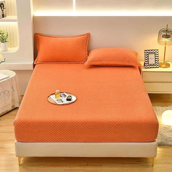 ZIQINPSQ Coral Velvet Fitted Sheet-Thickened Cold-Resistant and Warm Bed Sheets-Soft Velvet Fleece Fitted Sheets with-Elastic All Around. (Orange, Full)