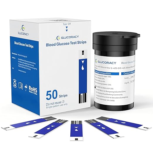 Glucoracy Glucose Test Strips, 50 Ct, No Coding, Only Works with G-425-2/G-425 Blood Sugar Monitor