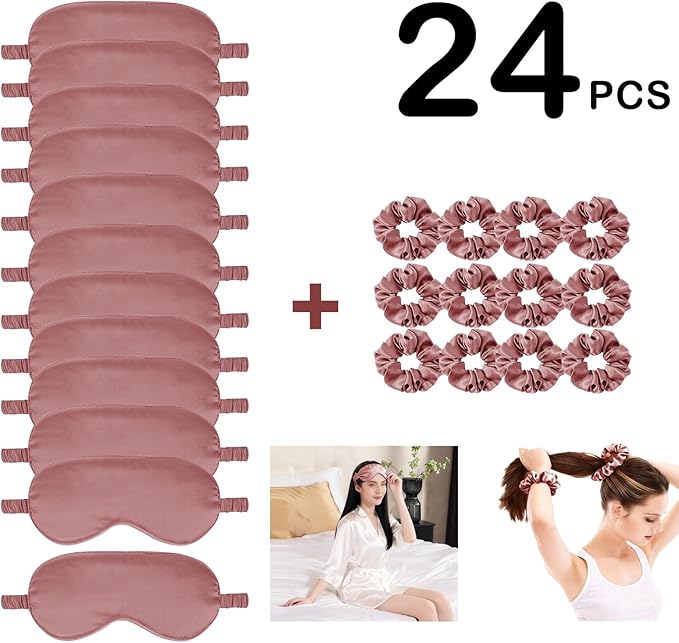 24Pcs Satin Eye Mask Silk Sleep Masks Silky Eyes Cover Blackout Blindfold Eyeshade Scrunchies Hair Ties Travel Wedding Gift