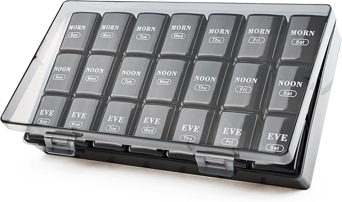 Large Weekly Pill Organizer 3 Times a Day, MOLN HYMY Dual Protection Portable 7 Day Pill Box, Travel Friendly Daily Pill Containers for Vitamins/Medication/Fish Oils/Supplements (Black)