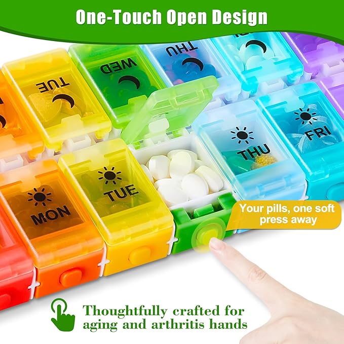 Weekly Pill Organizer 2 Times a Day, Large Pill Box 7 Day with Big AM/PM Compartments for Easy Filling, Push Button Pill Container Travel Pill Case Holder Dispenser for Supplement (Rainbow)