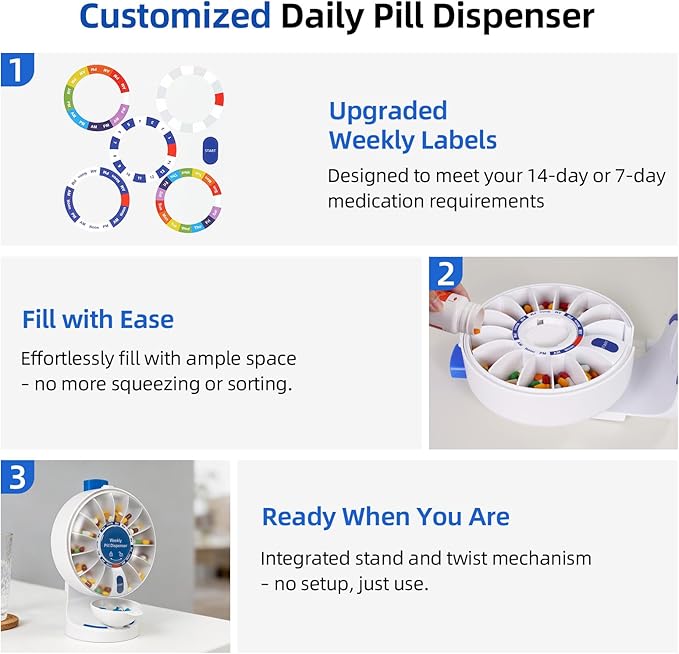 EziMedPil Pill Dispenser Daily, 14 Days Large Pill Organizer with One-Press Button, Standing Use or Wall-Mounted or Glass-Sticking Pill Container w/Med Cup, Weekly Pill Box for Vitamin,Medicine (Blue)