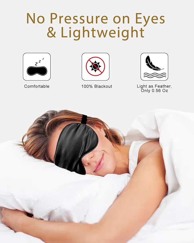 4 Pack Silky Sleep Masks for Women Men, JroyJoy 100% Blackout and Super Soft for Sleeping with Adjustable Strap, Satin Eye Mask for Side Sleeper, Travel Eye Covers (005 Black*2 pcs & Blue*2 pcs)