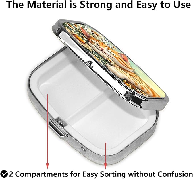 ABLESKY Pill Box, 2 Compartment Pill Organizer Case for Pocket or Purse, Small Portable Metal Travel Medicine Box with Mirror, Daily Vitamins Fish Oil Container-Cute Daisy Cat