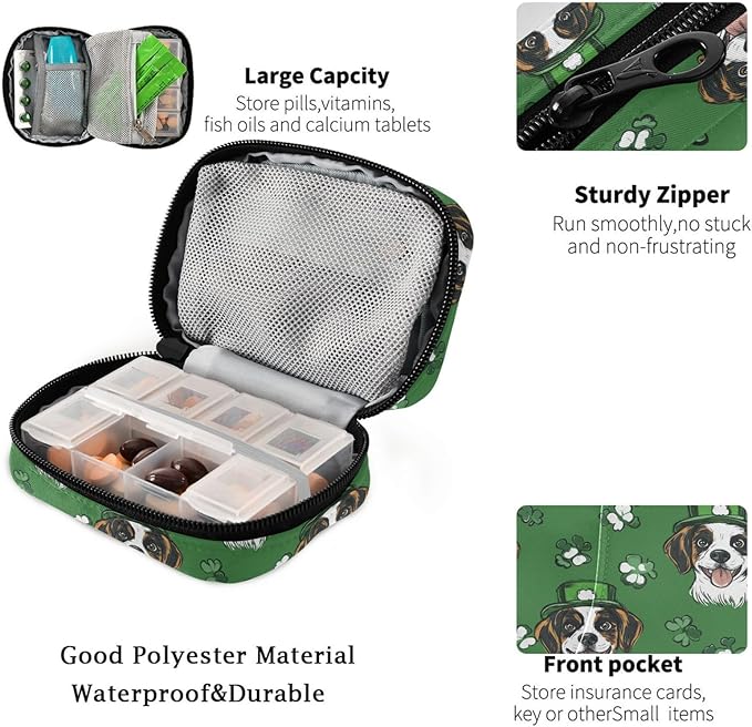 Fustylead Hand Draw St. Patrick's Beagle Dogs and Clover Travel Pill Organizer Bag with Zipper Small Pill Box 7 Day Pill Case for Purse Storage Weekly Vitamin Medicine Supplement