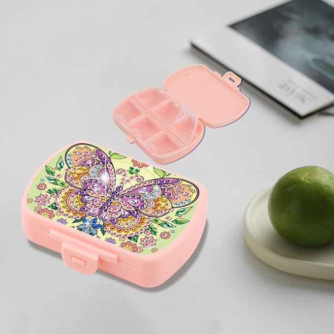 Butterfly DIY Diamond Painting Travel Pill Box, 6 Compartments Daily Vitamin Organizer, Portable Supplements Medicine Pill Case Container for Study Office Travel