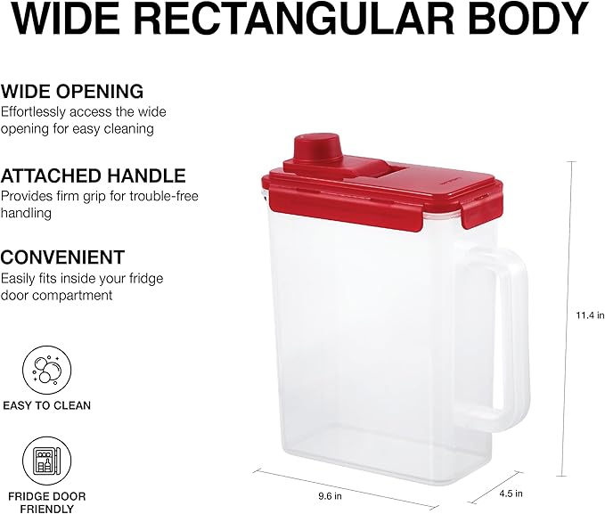 LocknLock Aqua Fridge Door Water Jug with Handle BPA Free Plastic Pitcher with Screw Top Lid Perfect for Making Teas and Juices, 1 Gallon, Red