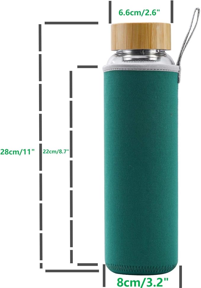 sunkey Glass Water Bottle 32 oz Wide Mouth with Sleeve Bamboo Lid Motivational Water Bottle With Time Marker Reusable Safe for Hot Cold Drinks Bpa Free (Green)