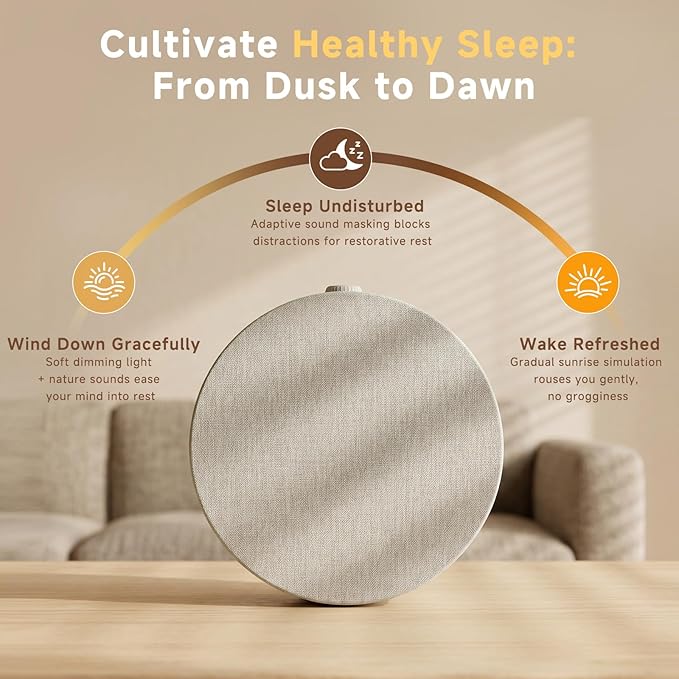 Sunrise Alarm Clock White Noise Machine | Natural Wake-Up Light for Bedroom with 30 Soothing Sleep Aids, Bluetooth Speaker, Dimmable Clock, Screen-Free Design for Baby Adults Kids-Khaki
