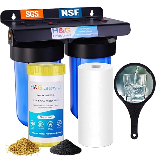 H&G Lifestyles 2-Stage Whole House Water Filtration System, GAC KDF 58 Filter and PP Cotton Filter, Chlorine Odor Heavy Metal Lead Sediment Removal, Drinking Water Purification System 50,000 Gallons