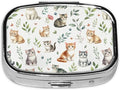Pill Box-2 Compartment Small Pill Case Square Organizer Case with Mirror Portable Metal Medicine Box Travel Container for Pocket & Purse Women Men(Cat Lover)