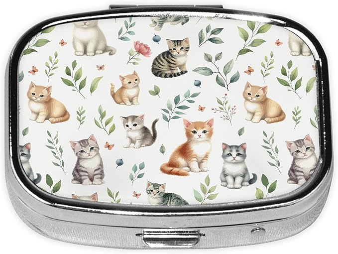 Pill Box-2 Compartment Small Pill Case Square Organizer Case with Mirror Portable Metal Medicine Box Travel Container for Pocket & Purse Women Men(Cat Lover)