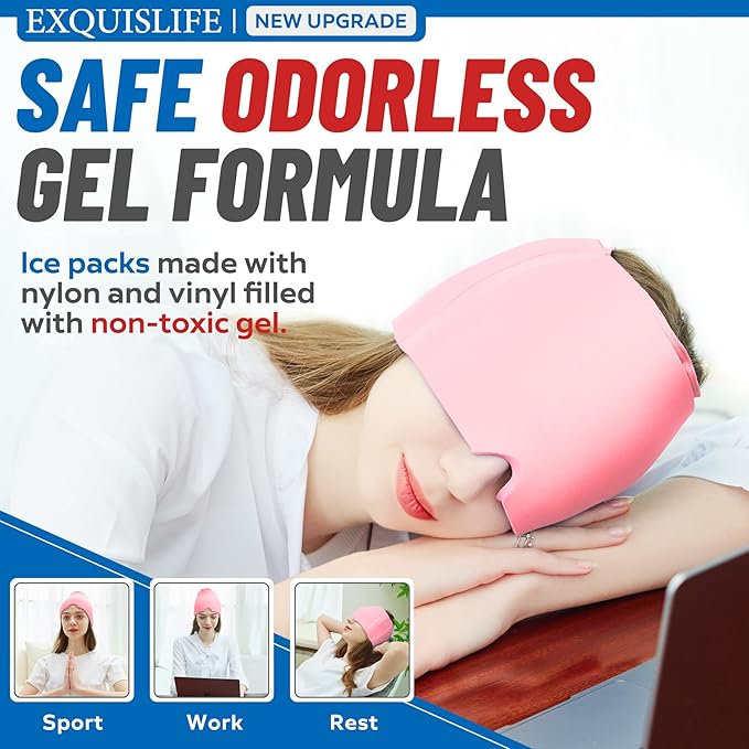 EXQUISLIFE Migraine Ice Head Wrap Cap Headache Relief Hat Hot and Cold Therapy Eyes Mask for Sinus Tension and Stress Relief (Pink)
