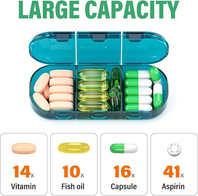 Weekly Pill Organizer 3 Times a Day, 7 Day Portable Pill Box for Pills, Vitamins, Fish Oil, Medication, Supplements (3x7 Blue)