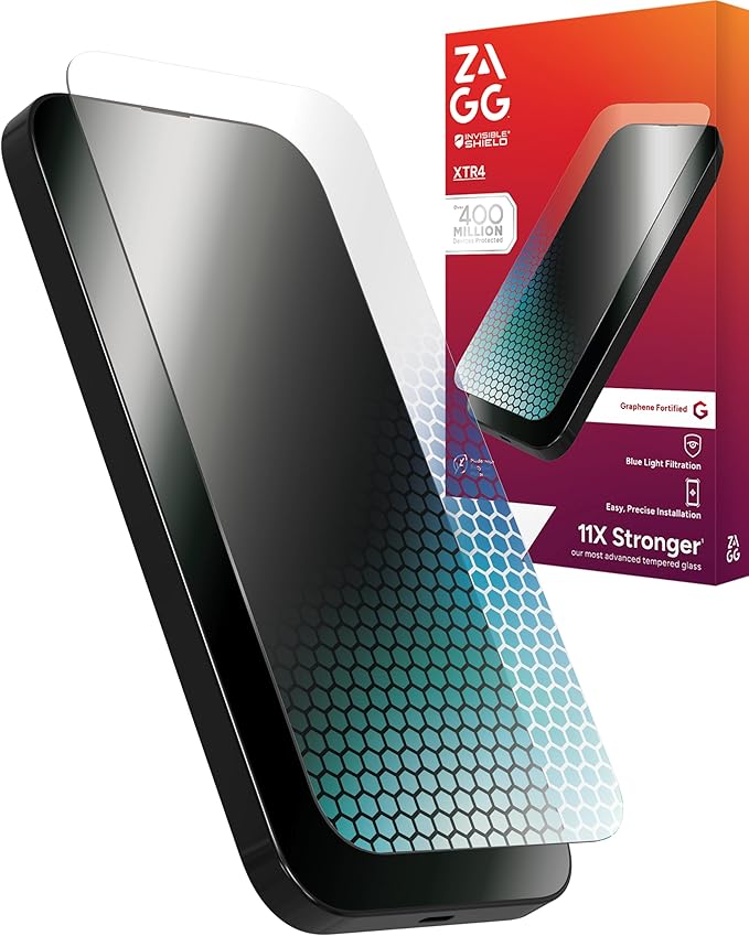 ZAGG XTR4 Screen Protector for iPhone 16 Pro Max - 11x Stronger Tempered Glass, Blue Light Filtration, Anti-Reflective Technology, Graphene Reinforced, InvisibleShield, Easy Dust-Free Installation | 11x Stronger, Tempered Glass, Graphene Reinforced, In...