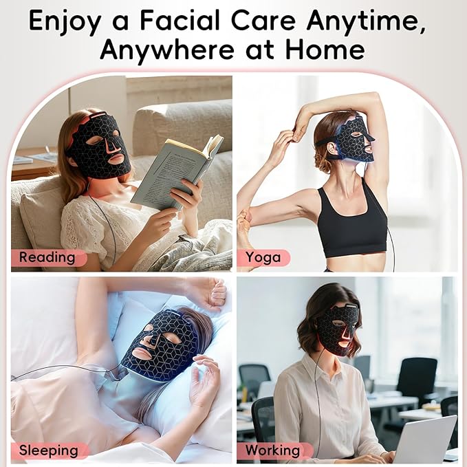 Red Light LED Facial Mask, 3 Modes Portable Silicone Skincare Mask with 850NM Infrared, Red & Blue Light Mask with Timing Function Eye Protection Cushion, for Home Use Skin Appearance Support
