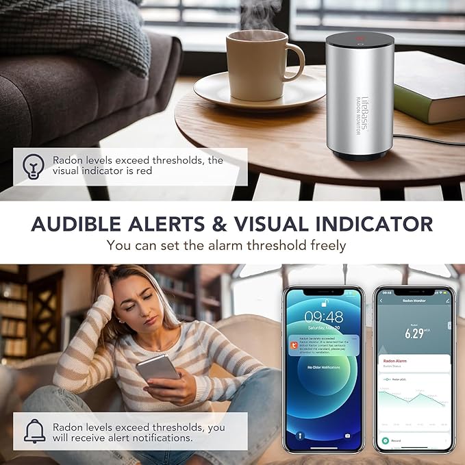 Life Basis Radon Detector for Home Basement, Smart Radon Monitor Fast Capture of Fluctuating Levels, Radon Tester Short & Long-Term Monitoring with Notifications - Connected Mobile App & WiFi