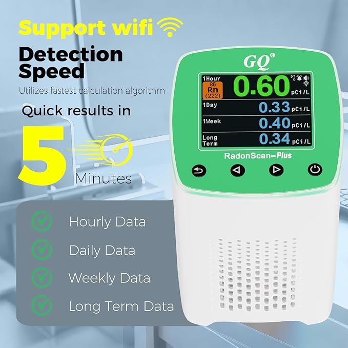 Remote Monitoring New V2.0 Version GQ RadonScan-Plus Radon Gas Digital Detector Worldwide Fast Accurate Detection Simple Big Display USA Product Real-time Data App Online Data Logging & Sharing