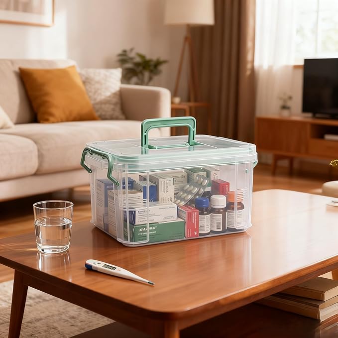 Clear Medicine Organizer Storage Box with Tray and Handle,Plastic First Aid Box with Weekly (7-Day) Daily Pill Case,College Medicine Kit for Dorm,Medication Storage Containers