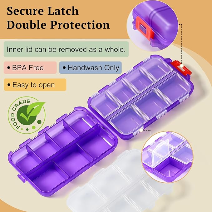 Travel Pill Organizer with Bulk Stickers & Labels - Small & Portable Daily Medicine Pharmacy for Pocket, Bag - 14-Compartment Foldable Supplement Box Holder for Fish Oil Vitamin - Clear Purple