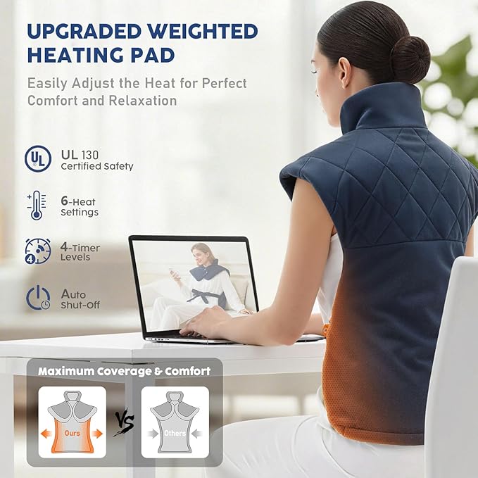 Electric Heating Pad for Neck Shoulders and Back Pain Relief, Christmas Gifts for Women Men Mom Dad Elderly, Large Weighted Neck Shoulders & Back Heat Pad, 6 Heat Settings Auto-Off, Gray