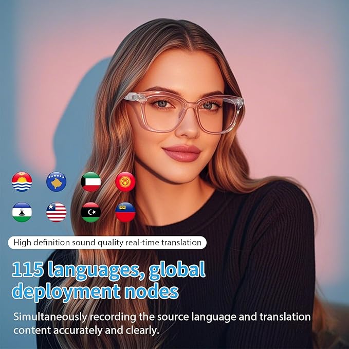 Smart Glasses for Women, AI Translation Bluetooth Glasses, Real-Time Translator, Open Ear Blue Light Filtering Lenses, Supports 165+ Languages, language translator for Traveling Learning(Clear)