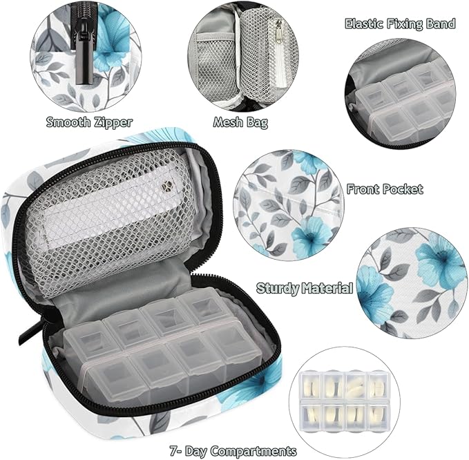 Portable Pills Organizer for Purse, Pill Cases Organizers 7 Day Medicine Travel Case, Personal Week Pill Organizer Cute Zipper Medication Bag Containers for Vitamin, Supplement (Blue Floral)