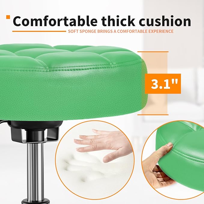 Rolling Stool PU Leather Round - Ultra Soft Padded Seat Cushion Stool with Wheels with Footrest, Weight Capacity 300lb,Adjustable Height Stool for Tattoo Massage Salon Medical Spa Center (Green)