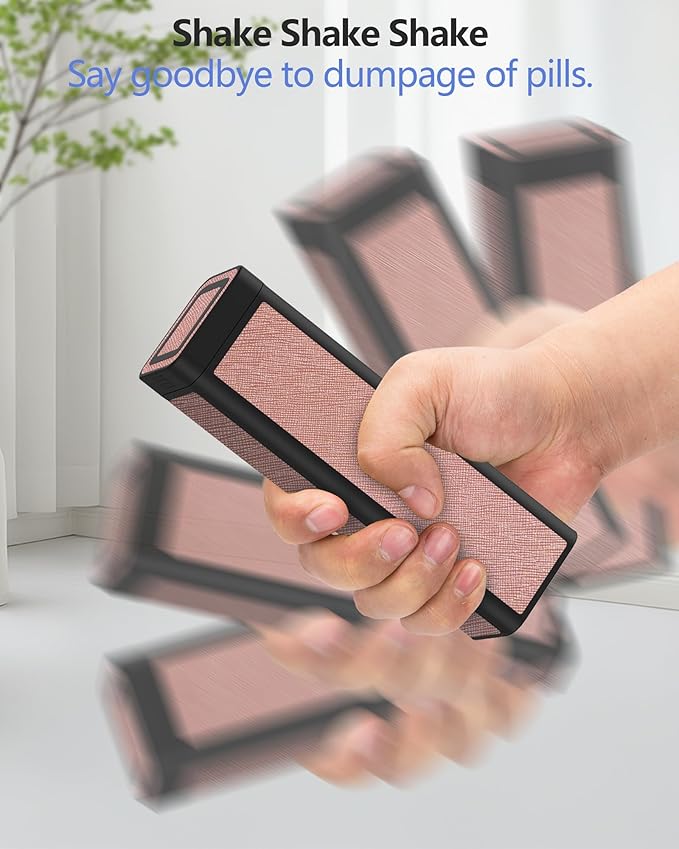Weekly Pill Organizer 7 Day, Discreet Leather Pill Case for Purse or Pocket, Easy Slide-Out Daily Medication Planner, 1 Time a Day Travel Vitamin and Supplement Holder (Pink)