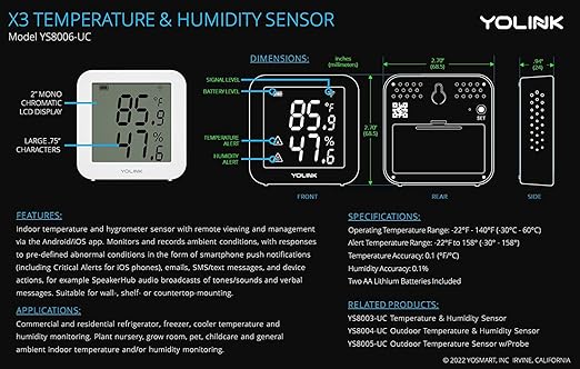 YoLink X3 version Temperature & Humidity Sensor, Supports App Real-Time Data Refresh, Alexa, IFTTT, Home Assistant Integration - YoLink Hub Included